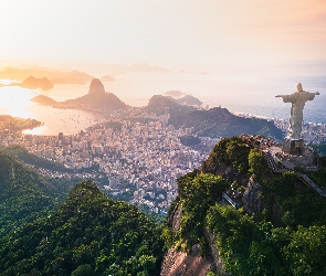 Góry, Domy, Rio de Janeiro, Statua Chrystusa Zbawiciela, Mgła, Brazylia, Ocean