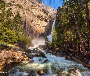 Kalifornia, Drzewa, Stany Zjednoczone, Góry, Rzeka, Park Narodowy Yosemite, Tęcza, Wodospad