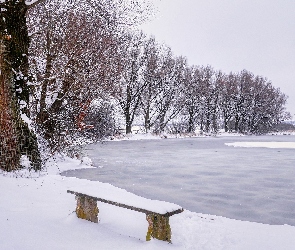 Jezioro, Śnieg, Drzewa, Ławka, Zima