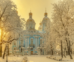 Petersburg, Katedra Marynarki Wojennej św Mikołaja, Drzewa, Rosja, Cerkiew, Zima, Park