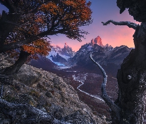 Patagonia, Góry, Argentyna, Jesień, Drzewa, Park Narodowy Los Glaciares, Rzeka Rio de las Vueltas, Szczyt Fitz Roy