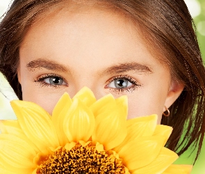 Słonecznik, Kwiat, Dziewczynka, Oczy