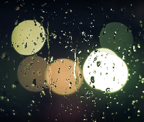 Noc, Krople, Światła, Deszcz