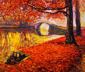 Jesień, Obraz, Drzewa, Most