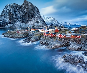 Norwegia, Wioska rybacka, Morze, Lofoty, Góry, Domki