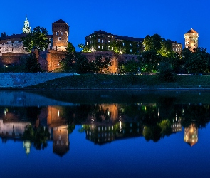 Wawel, Zabytek, Kraków, Rzeka Wisła, Noc, Zamek Królewski na Wawelu, Polska