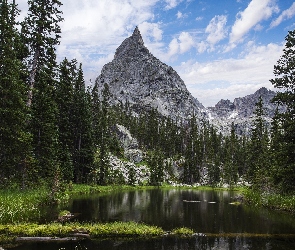 Szczyt Lone Eagle Peak, Stany Zjednoczone, Góry, Stan Kolorado, Drzewa, Indian Peaks Wilderness, Chmury, Jezioro
