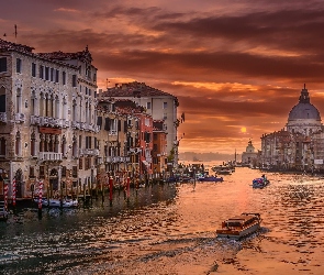 Kanał, Wenecja, Bazylika św. Marka, Domy, Wschód słońca, Canal Grande, Łodzie, Włochy