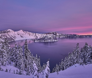 Śnieg, Zima, Oregon, Drzewa, Jezioro Kraterowe, Stany Zjednoczone, Park Narodowy Jeziora Kraterowego