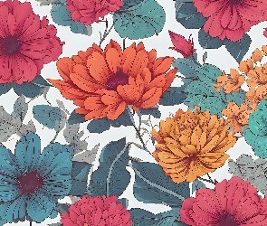 Grafika 2D, Liście, Kolorowe, Kwiaty