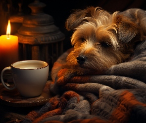 Yorkshire Terrier, Kawa, Świeca, Koc, Pies