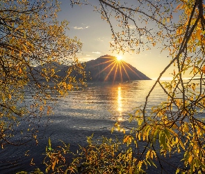 Jezioro, Gałęzie, Nowa Zelandia, Jesień, Ben Ohau, Ohau Lake, Promienie słońca, Góry