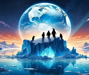 Morze, Planeta Ziemia, Pingwiny, Góry lodowe, Fantasy