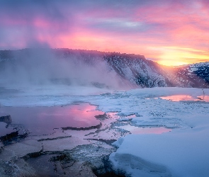 Góry, Stany Zjednoczone, Wschód słońca, Zima, Park Narodowy Yellowstone