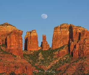 Księżyc, Arizona, Cathedral Rocks, Stany Zjednoczone, Sedona, Krzewy, Wschód słońca, Czerwone, Skały