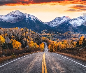 Stany Zjednoczone, Droga, San Juan Mountains, Jesień, Drzewa, Góry, Kolorado, Telluride, Szczyty