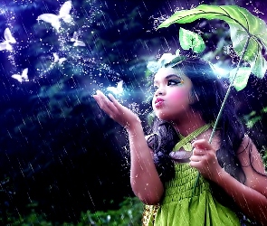 Deszcz, Motyle, Dziewczynka