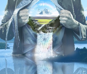 Góry, Morze, Mężczyzna, Wodospad