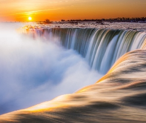 Niagara, Zachód Słońca, Rzeka, Mgła, Wodospad